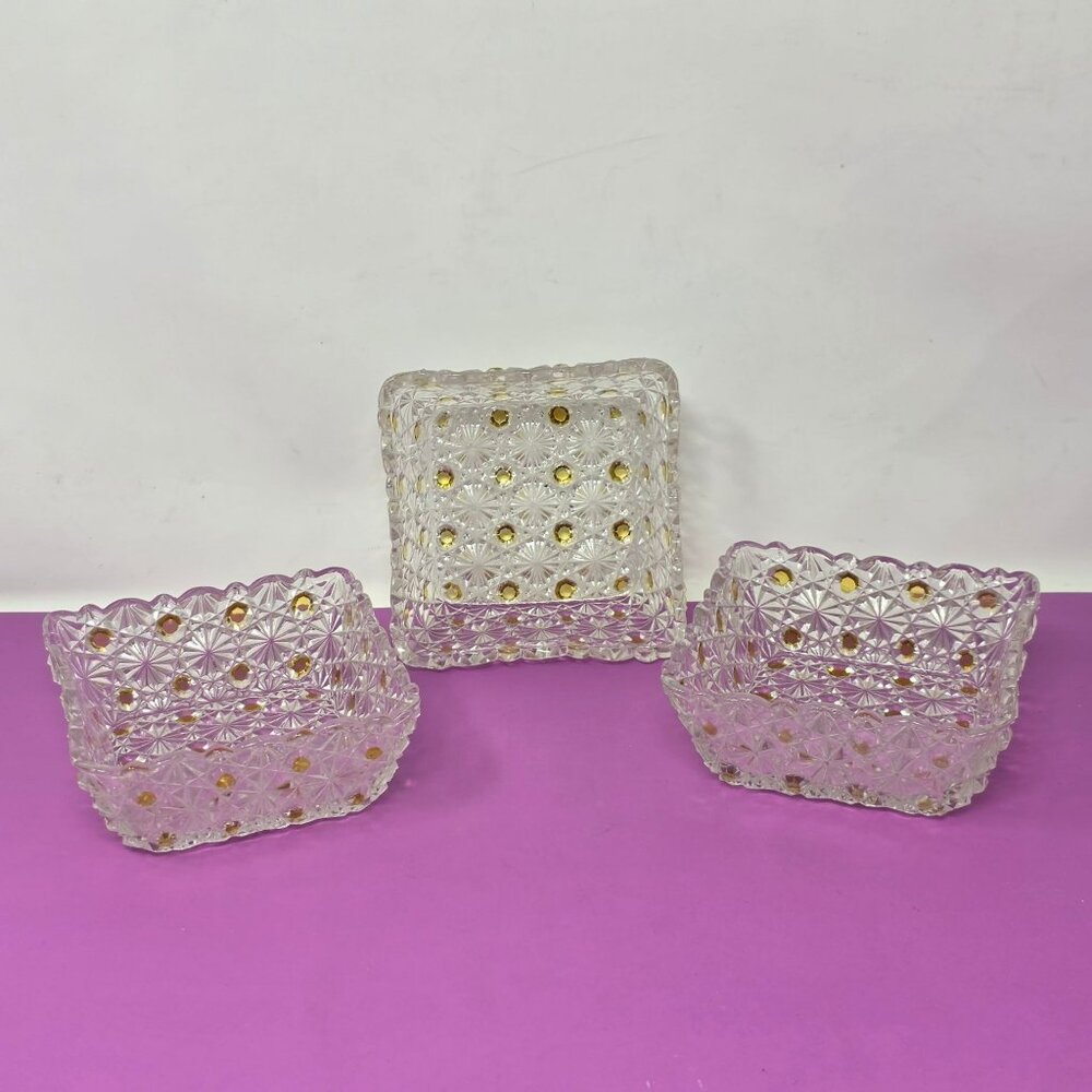 3 Vintage Clear Glass Daisy & Button Pattern Square Dishes With Gold Accents